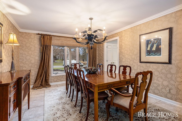 dining space featuring a chandelier, light tile patterned flooring, baseboards, and wallpapered walls