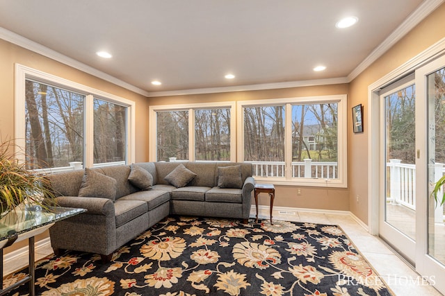 living area featuring recessed lighting, crown molding, and light tile patterned flooring