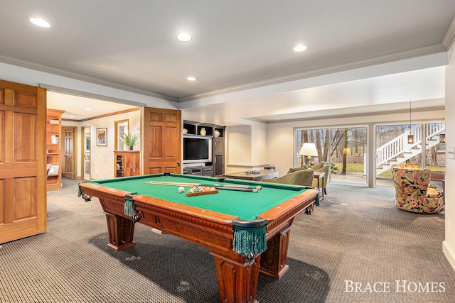 recreation room with recessed lighting, carpet flooring, crown molding, and billiards