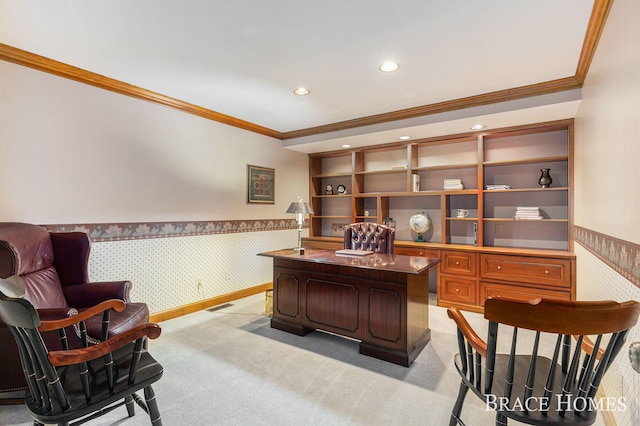 home office featuring recessed lighting, wainscoting, light carpet, and wallpapered walls