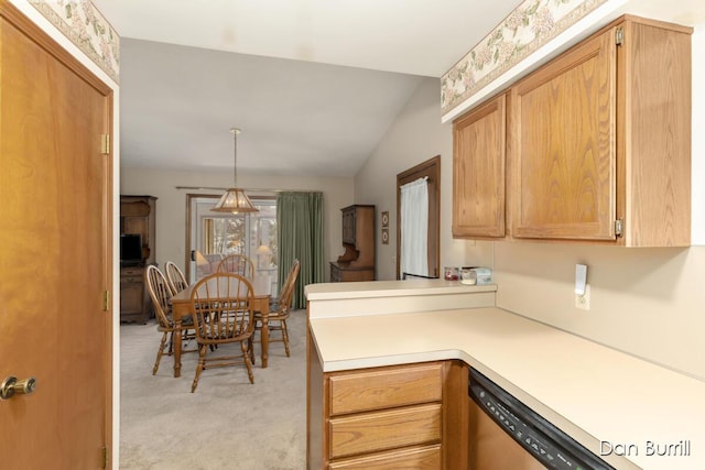 kitchen with light colored carpet, a peninsula, vaulted ceiling, light countertops, and dishwasher