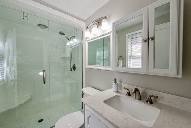 full bath featuring toilet, a shower stall, and vanity