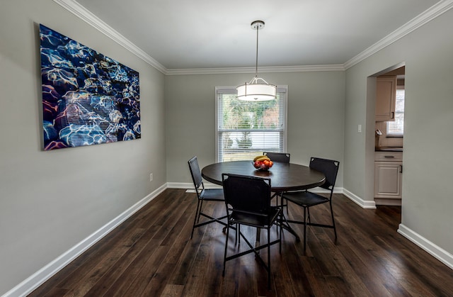 dining room featuring ornamental molding, dark wood finished floors, and baseboards