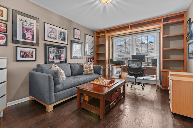 office featuring baseboards and dark wood-style flooring