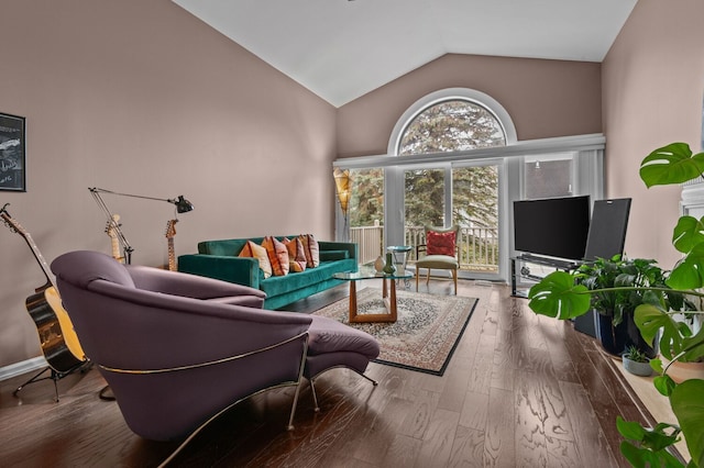 living room with lofted ceiling and wood finished floors