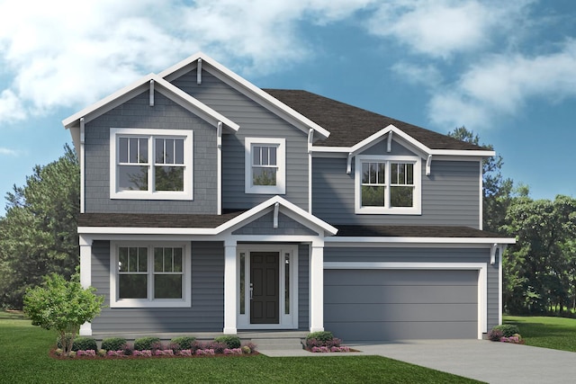 view of front of home featuring a front yard, concrete driveway, an attached garage, and a shingled roof