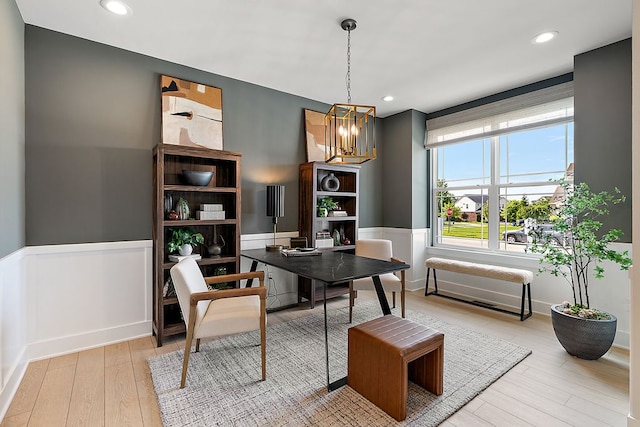 office with a chandelier, recessed lighting, wainscoting, and wood finished floors