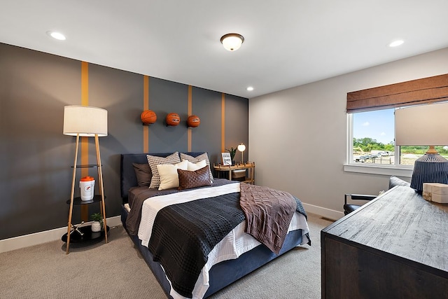 bedroom featuring recessed lighting, baseboards, and carpet