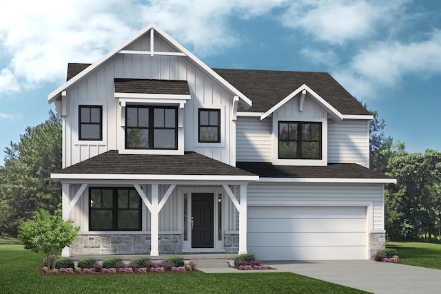 modern farmhouse style home featuring concrete driveway, stone siding, board and batten siding, and a garage