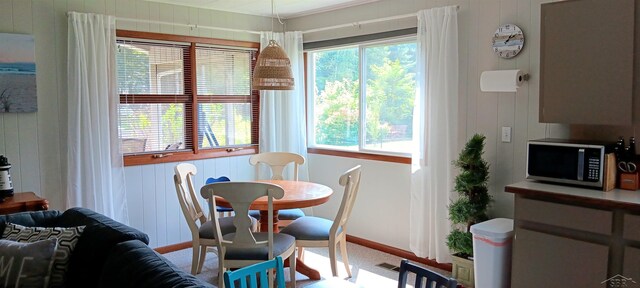 carpeted dining room with baseboards