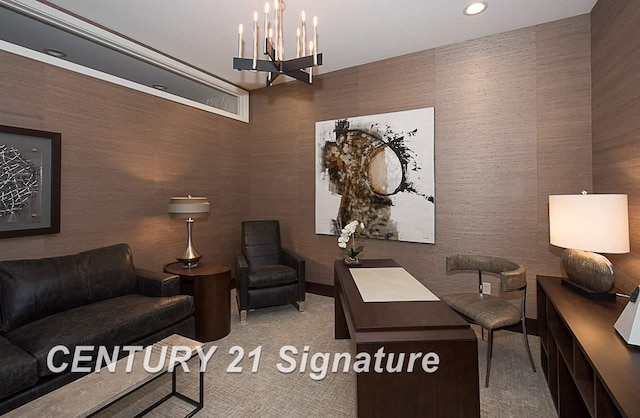 carpeted office with recessed lighting and an inviting chandelier