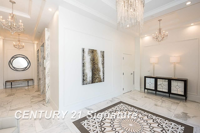 corridor featuring an inviting chandelier, marble finish floor, crown molding, and recessed lighting