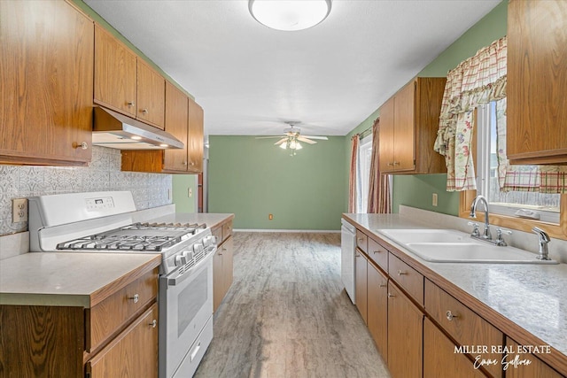 kitchen featuring white appliances, decorative backsplash, ceiling fan, under cabinet range hood, and a sink