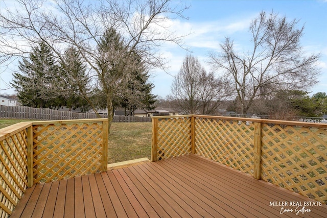 wooden terrace featuring a lawn and a fenced backyard