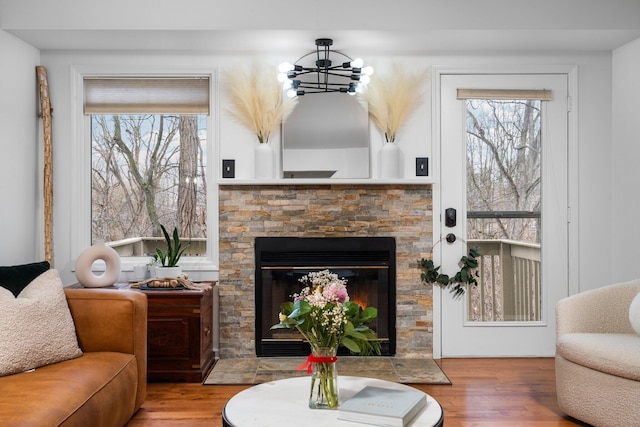 living room featuring a wealth of natural light, an inviting chandelier, wood finished floors, and a fireplace