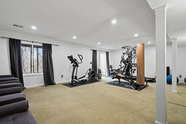 exercise area with recessed lighting, decorative columns, carpet floors, and visible vents