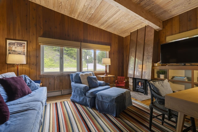 6863 Crystal Dr, Beulah, MI 49617 - living area featuring lofted ceiling, wooden ceiling, baseboard heating, wood finished floors, and wood walls