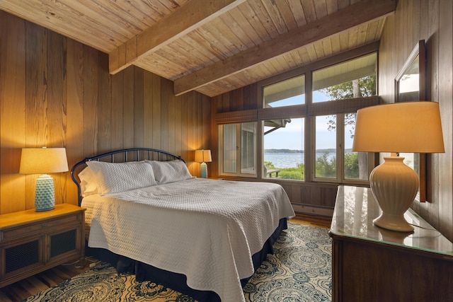 6863 Crystal Dr, Beulah, MI 49617 - bedroom featuring wood ceiling, wood finished floors, wooden walls, a water view, and baseboard heating