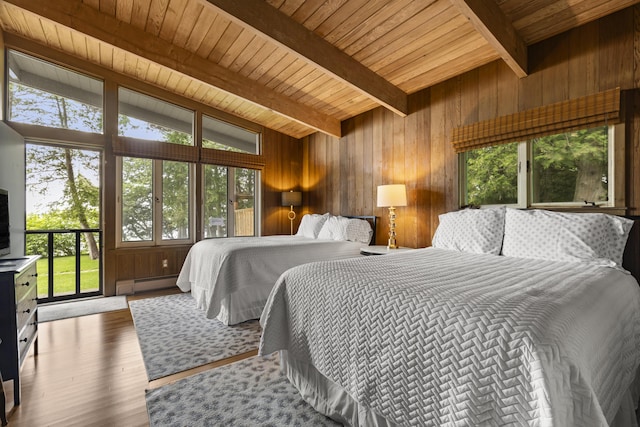 6863 Crystal Dr, Beulah, MI 49617 - bedroom with multiple windows, wooden ceiling, wood walls, a baseboard radiator, and wood finished floors
