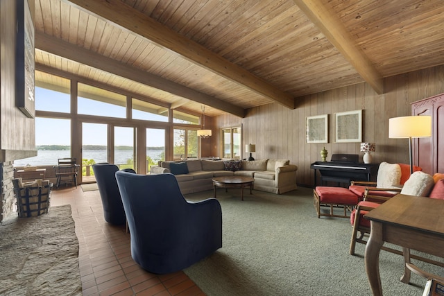 6863 Crystal Dr, Beulah, MI 49617 - living room with a water view, wooden ceiling, and tile patterned flooring
