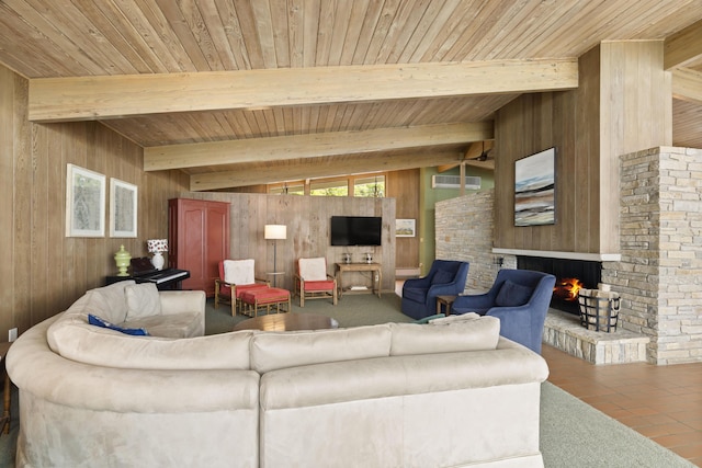 6863 Crystal Dr, Beulah, MI 49617 - living area with wooden walls, wood ceiling, a warm lit fireplace, tile patterned flooring, and a wall unit AC