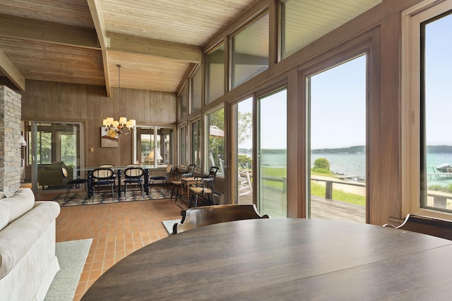 6863 Crystal Dr, Beulah, MI 49617 - dining room featuring a water view, wooden ceiling, a chandelier, healthy amount of natural light, and wooden walls