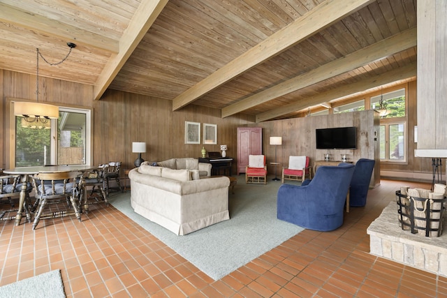 6863 Crystal Dr, Beulah, MI 49617 - living area featuring wood ceiling, wooden walls, a chandelier, and a baseboard heating unit