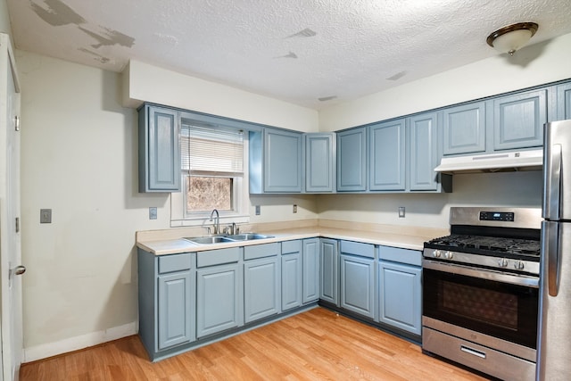 kitchen featuring stainless steel appliances, blue cabinets, a sink, and under cabinet range hood