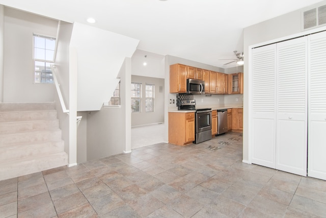 kitchen with visible vents, ceiling fan, appliances with stainless steel finishes, light countertops, and recessed lighting