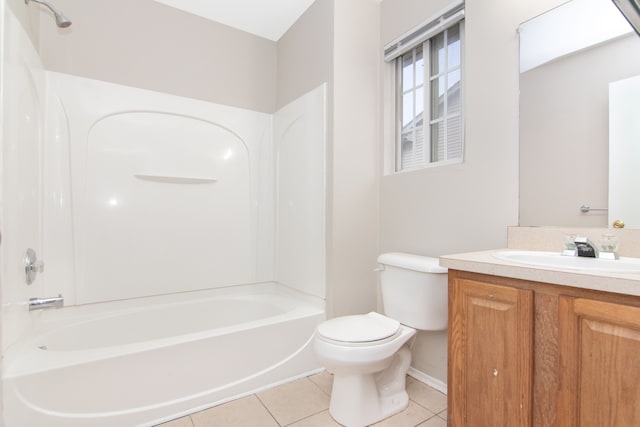 full bathroom with tub / shower combination, vanity, toilet, and tile patterned floors