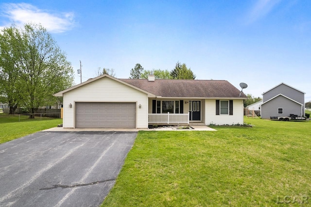 ranch-style home featuring covered porch, a garage, a shingled roof, driveway, and a front lawn