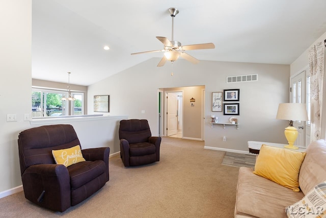 living room with lofted ceiling, ceiling fan with notable chandelier, carpet floors, visible vents, and baseboards