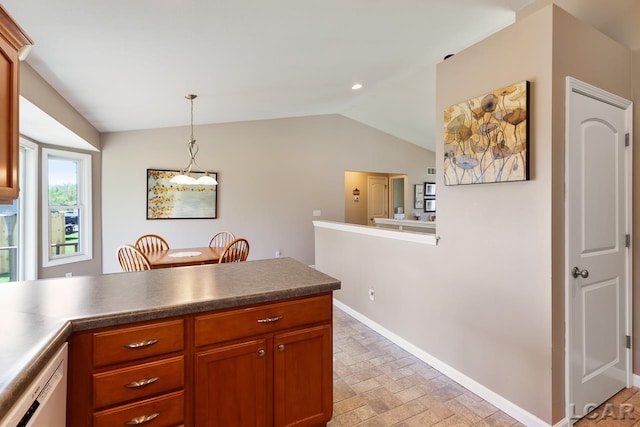 kitchen with baseboards, dishwasher, hanging light fixtures, a peninsula, and vaulted ceiling