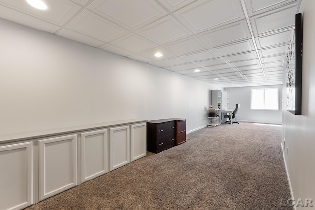 basement with baseboards, carpet flooring, an ornate ceiling, and recessed lighting