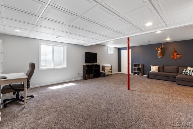 carpeted office with recessed lighting and baseboards