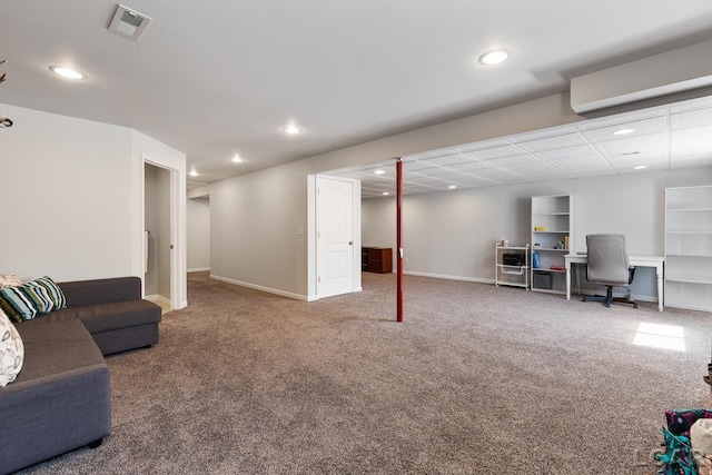 interior space with carpet, visible vents, baseboards, and recessed lighting