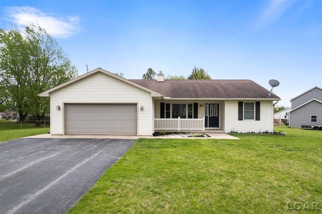 ranch-style house with driveway, a chimney, a porch, an attached garage, and a front lawn