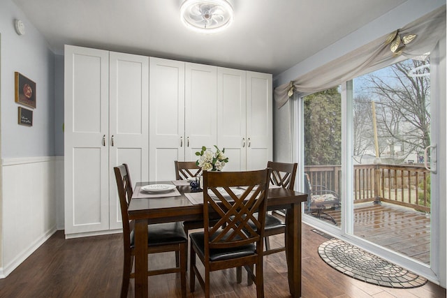 dining room featuring a wainscoted wall and dark wood-type flooring