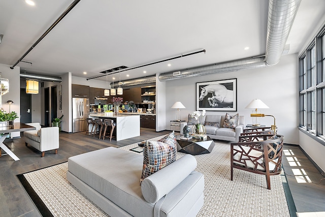 living area featuring dark wood-style floors