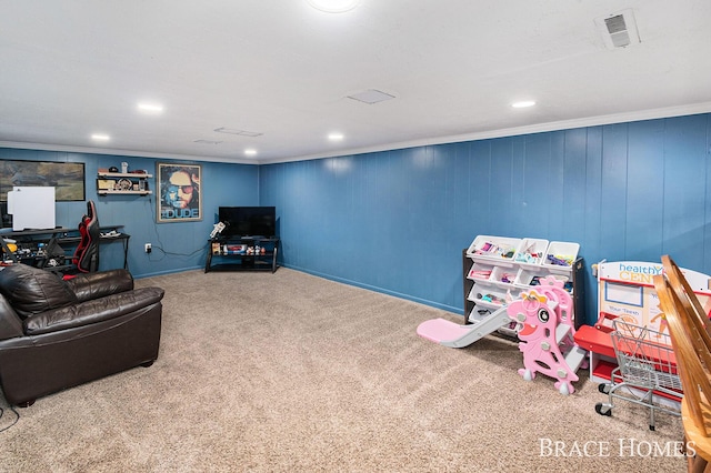 interior space featuring ornamental molding, carpet, visible vents, and recessed lighting