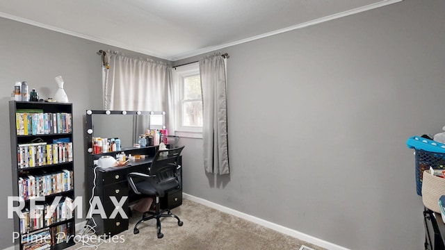 home office with ornamental molding, carpet, and baseboards