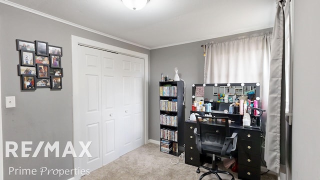 carpeted office featuring ornamental molding