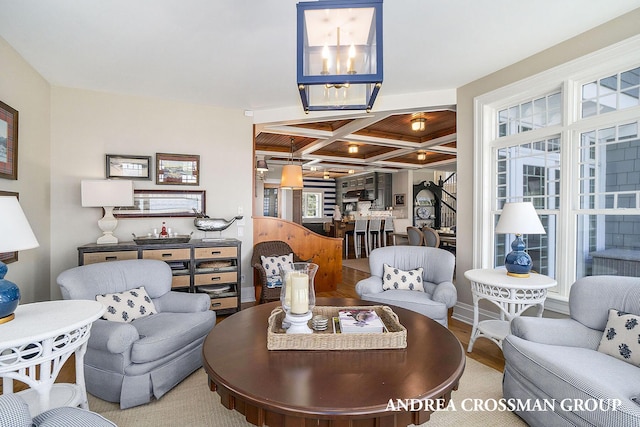 6059 Lakeshore Dr, West Olive, MI 49460 - living room featuring coffered ceiling, wood finished floors, and beamed ceiling
