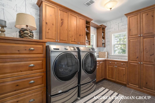 6059 Lakeshore Dr, West Olive, MI 49460 - washroom with cabinet space, visible vents, washer and clothes dryer, and wallpapered walls