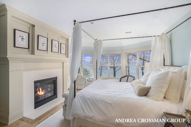 6059 Lakeshore Dr, West Olive, MI 49460 - bedroom with a glass covered fireplace, multiple windows, visible vents, and wood finished floors