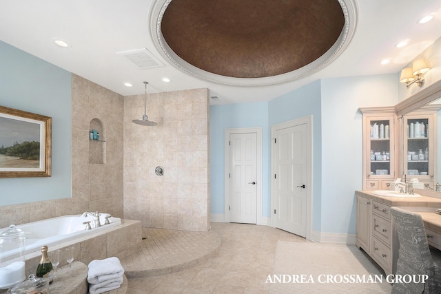 6059 Lakeshore Dr, West Olive, MI 49460 - bathroom featuring a tray ceiling, walk in shower, vanity, and baseboards