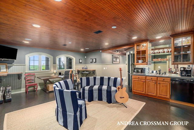 6059 Lakeshore Dr, West Olive, MI 49460 - kitchen featuring black dishwasher, stainless steel microwave, wainscoting, a sink, and wooden ceiling