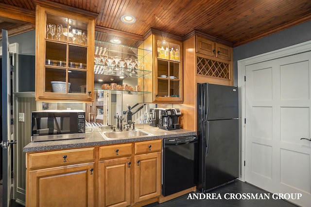 6059 Lakeshore Dr, West Olive, MI 49460 - kitchen featuring wooden ceiling, a sink, black appliances, brown cabinetry, and glass insert cabinets