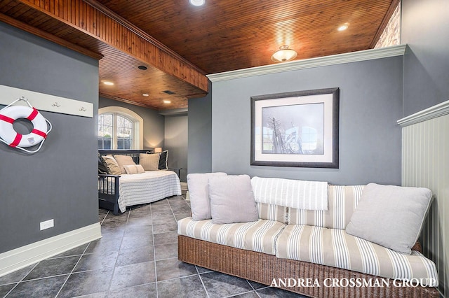 6059 Lakeshore Dr, West Olive, MI 49460 - living room with wooden ceiling, recessed lighting, dark tile patterned floors, baseboards, and ornamental molding