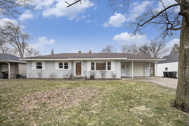 ranch-style home with an attached garage, driveway, and a front lawn